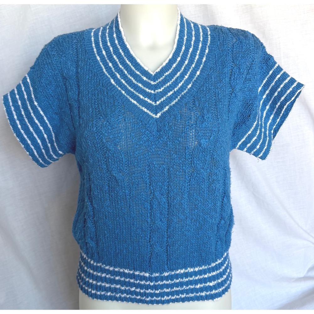 Vintage 80s 90s Andrew St John Sweater Blue White Striped Cable Knit Large